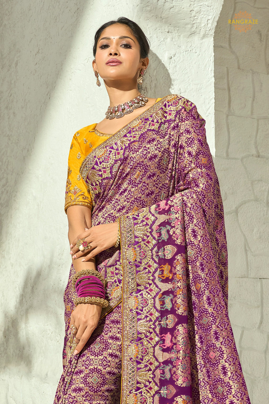 Plum Purple Embroidered Bandhej Georgette Saree