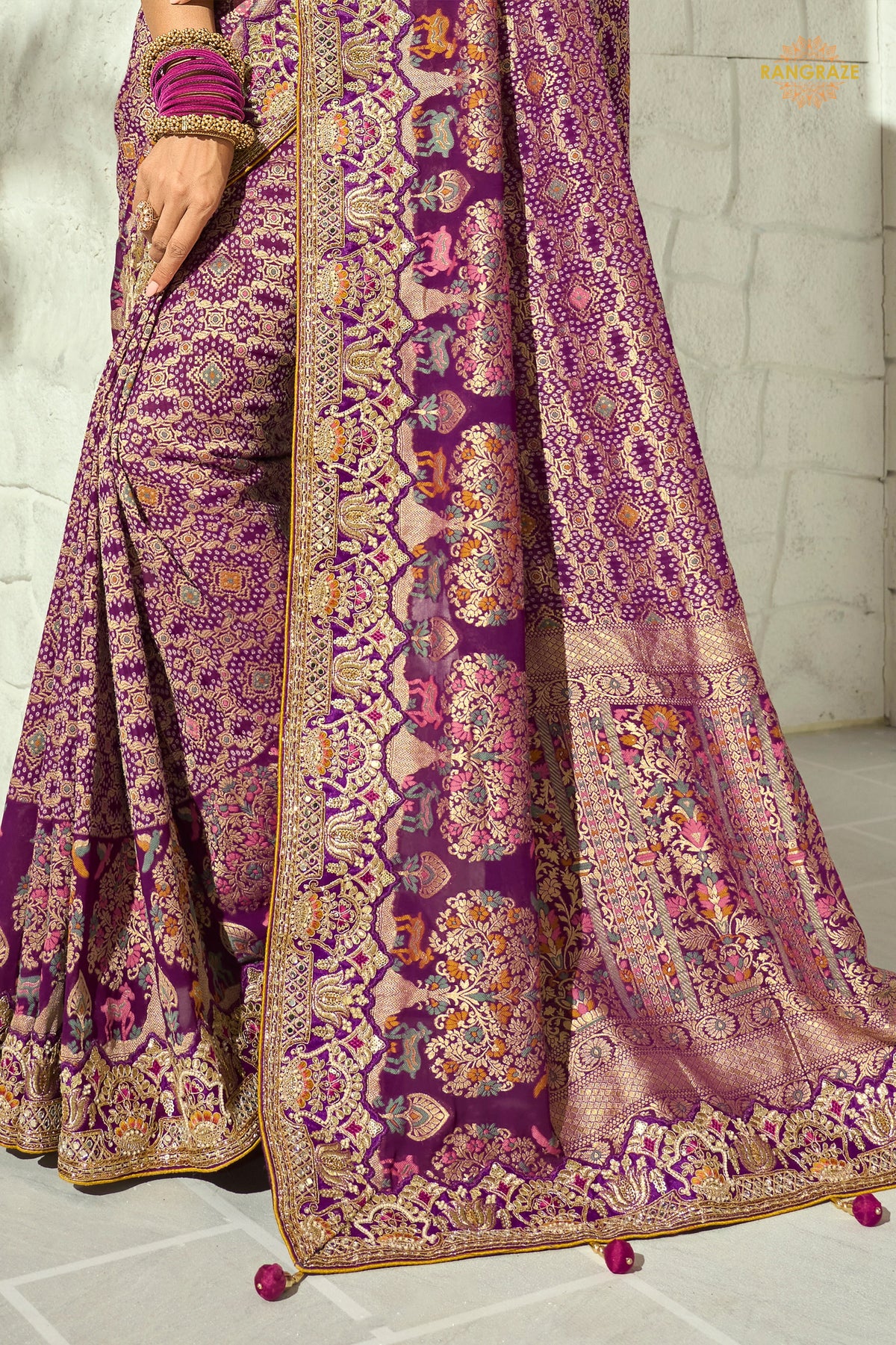 Plum Purple Embroidered Bandhej Georgette Saree