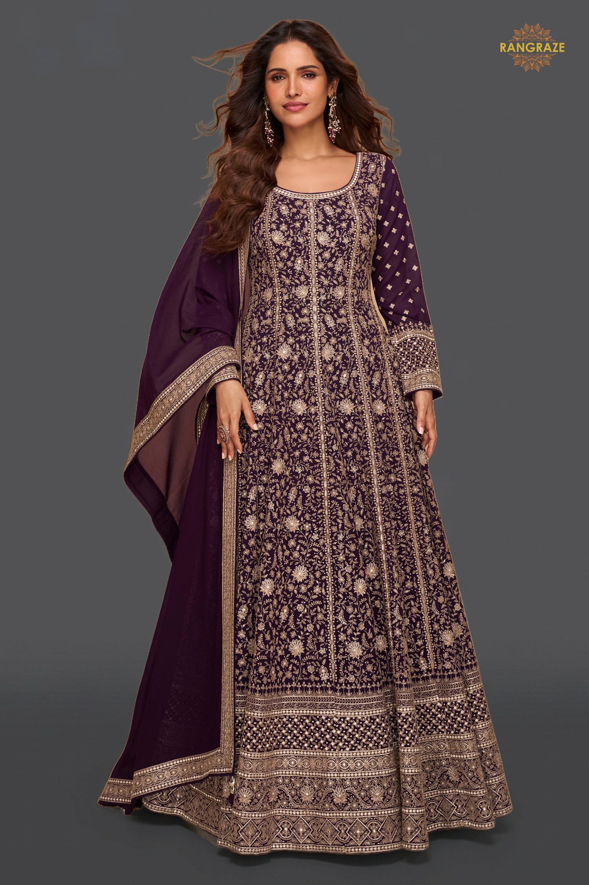 Plum Purple Stitched Georgette Gown with Dupatta