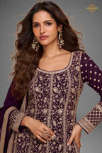 Plum Purple Stitched Georgette Gown with Dupatta