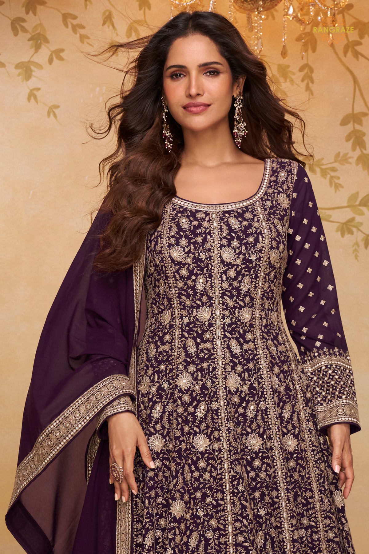 Plum Purple Stitched Georgette Gown with Dupatta