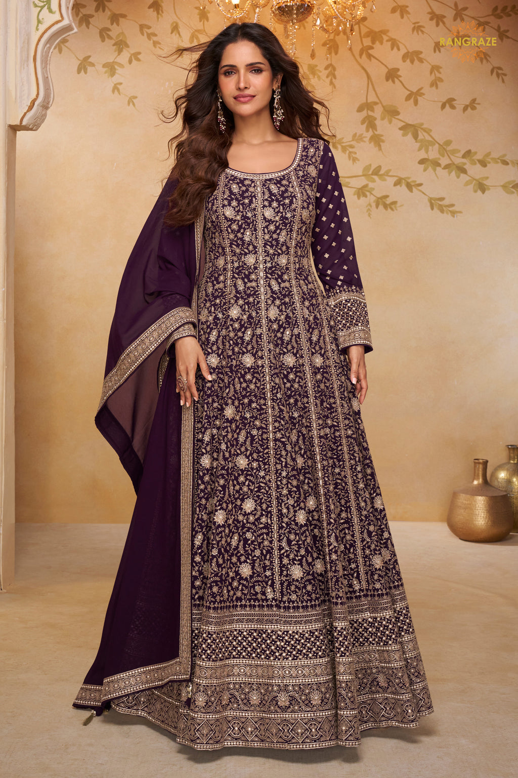 Plum Purple Stitched Georgette Gown with Dupatta