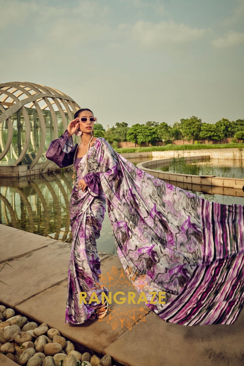 Royal Mirage Purple Printed Satin Silk Saree