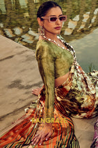 Verdant Radiance Olive Green Printed Satin Silk Saree