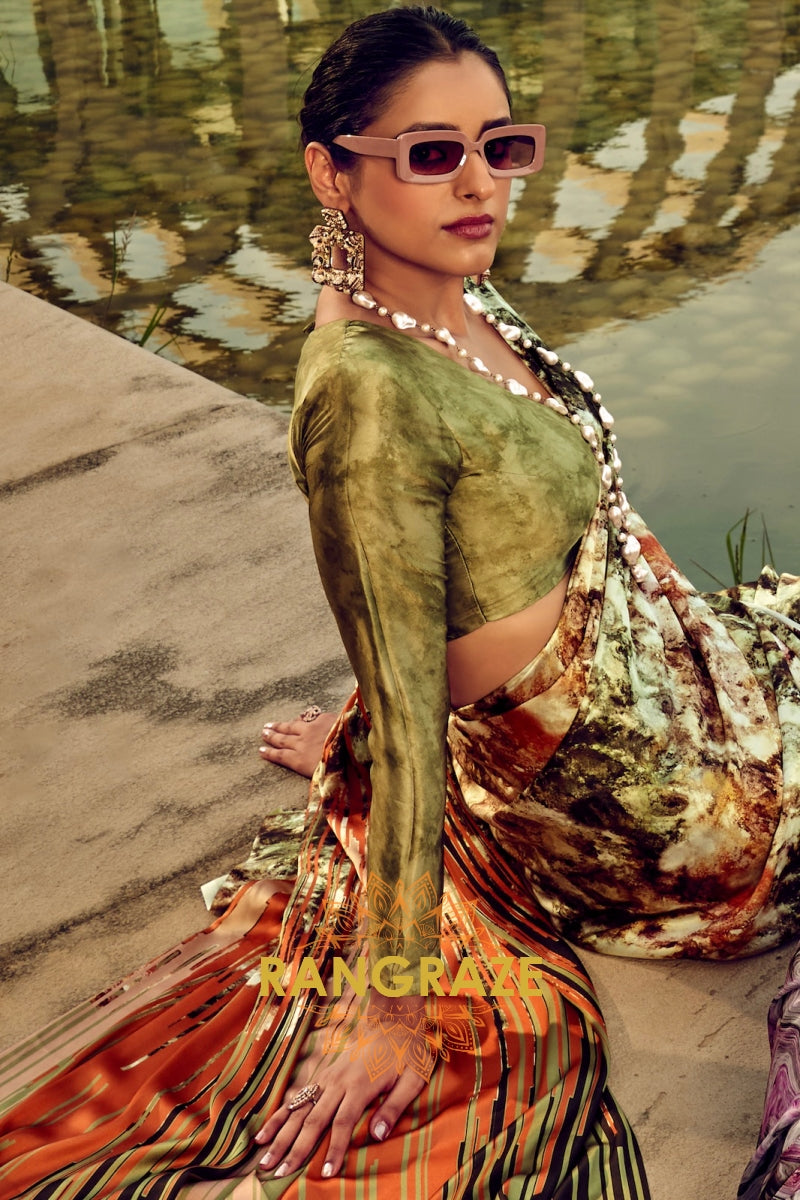 Verdant Radiance Olive Green Printed Satin Silk Saree