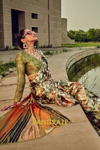 Verdant Radiance Olive Green Printed Satin Silk Saree
