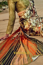 Verdant Radiance Olive Green Printed Satin Silk Saree