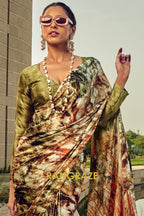 Verdant Radiance Olive Green Printed Satin Silk Saree