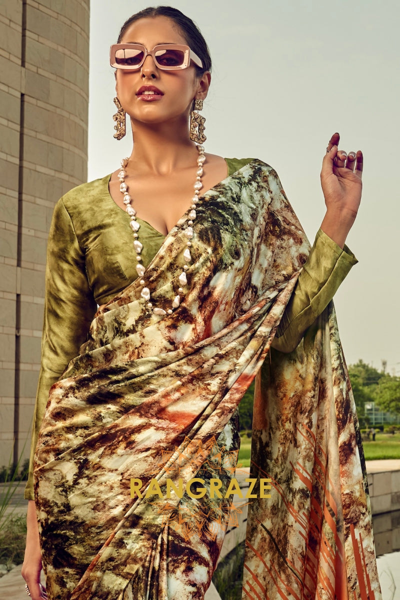 Verdant Radiance Olive Green Printed Satin Silk Saree