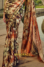 Verdant Radiance Olive Green Printed Satin Silk Saree