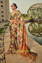 Verdant Radiance Olive Green Printed Satin Silk Saree