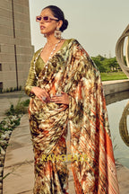 Verdant Radiance Olive Green Printed Satin Silk Saree