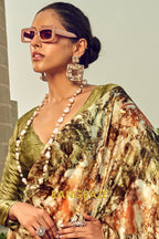 Verdant Radiance Olive Green Printed Satin Silk Saree