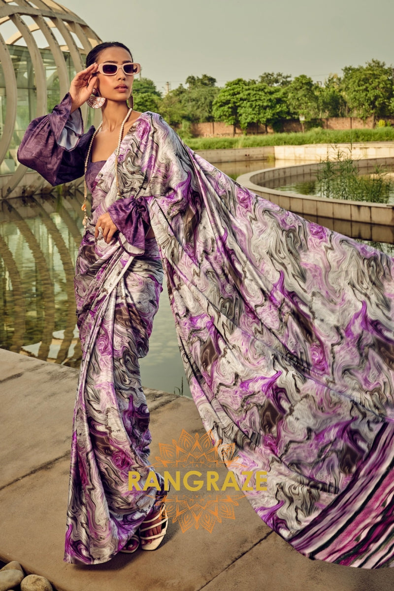 Royal Mirage Purple Printed Satin Silk Saree