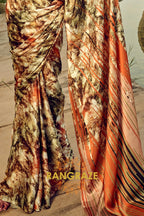 Verdant Radiance Olive Green Printed Satin Silk Saree