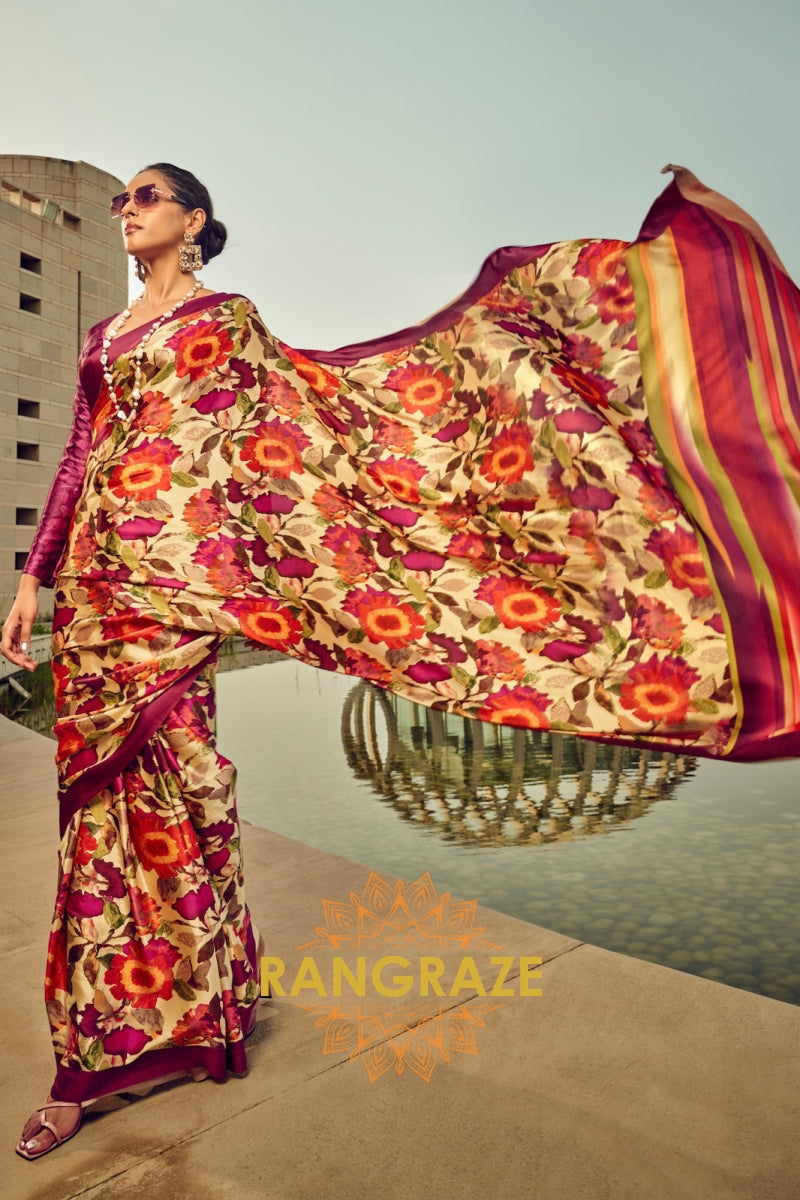 Sunset Blossom Orange & Purple Printed Satin Silk Saree