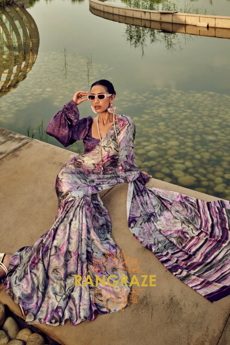 Royal Mirage Purple Printed Satin Silk Saree
