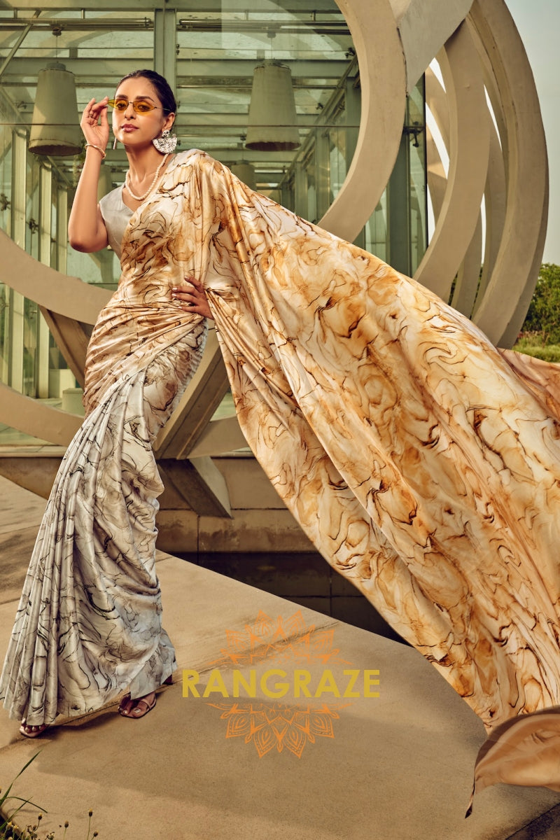 Radiance Golden And Grey Printed Satin Silk Saree