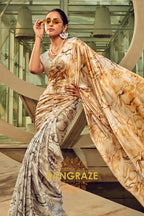 Radiance Golden And Grey Printed Satin Silk Saree
