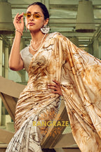 Radiance Golden And Grey Printed Satin Silk Saree
