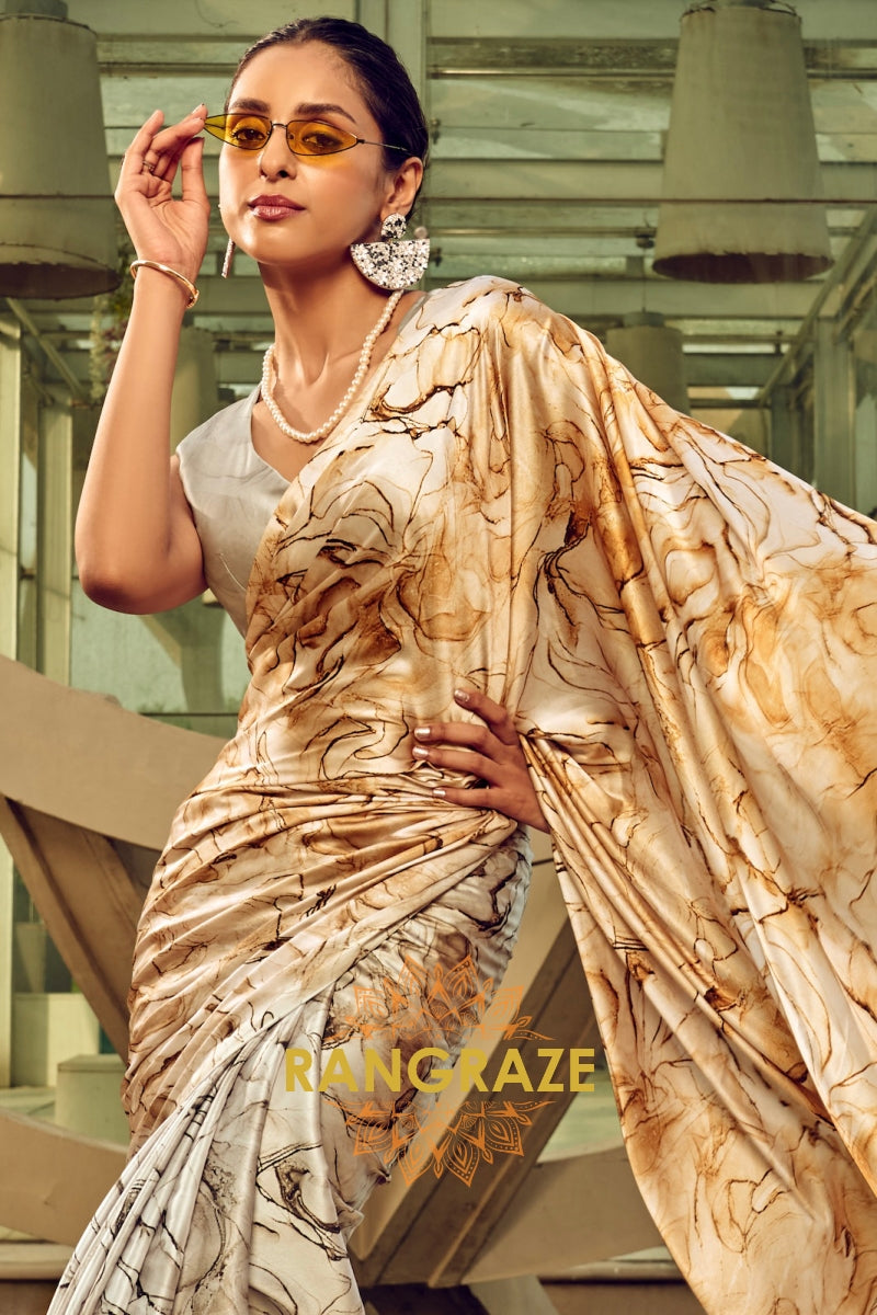 Radiance Golden And Grey Printed Satin Silk Saree