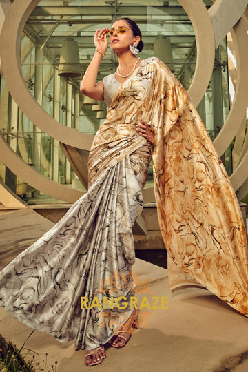 Radiance Golden And Grey Printed Satin Silk Saree