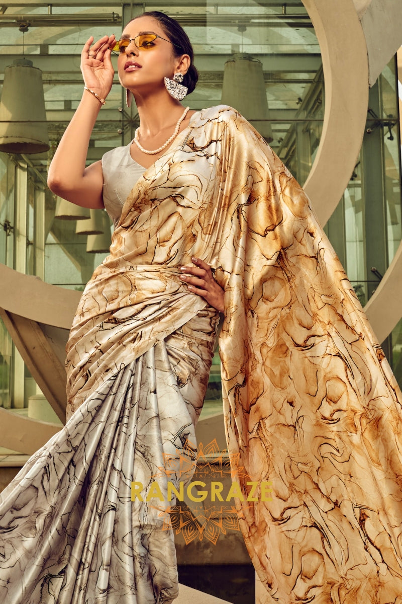 Radiance Golden And Grey Printed Satin Silk Saree