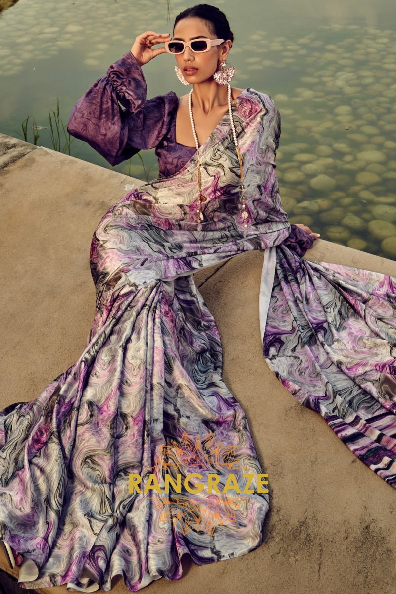 Royal Mirage Purple Printed Satin Silk Saree