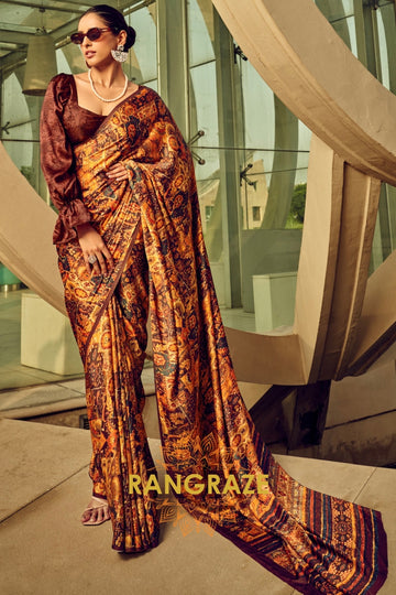 Espresso Brown And Beige Printed Satin Silk Saree