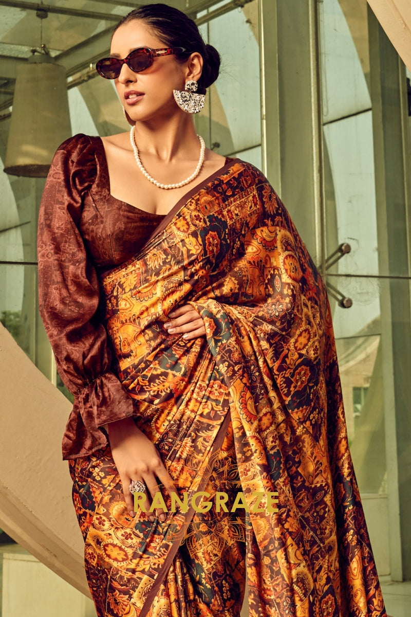 Espresso Brown And Beige Printed Satin Silk Saree