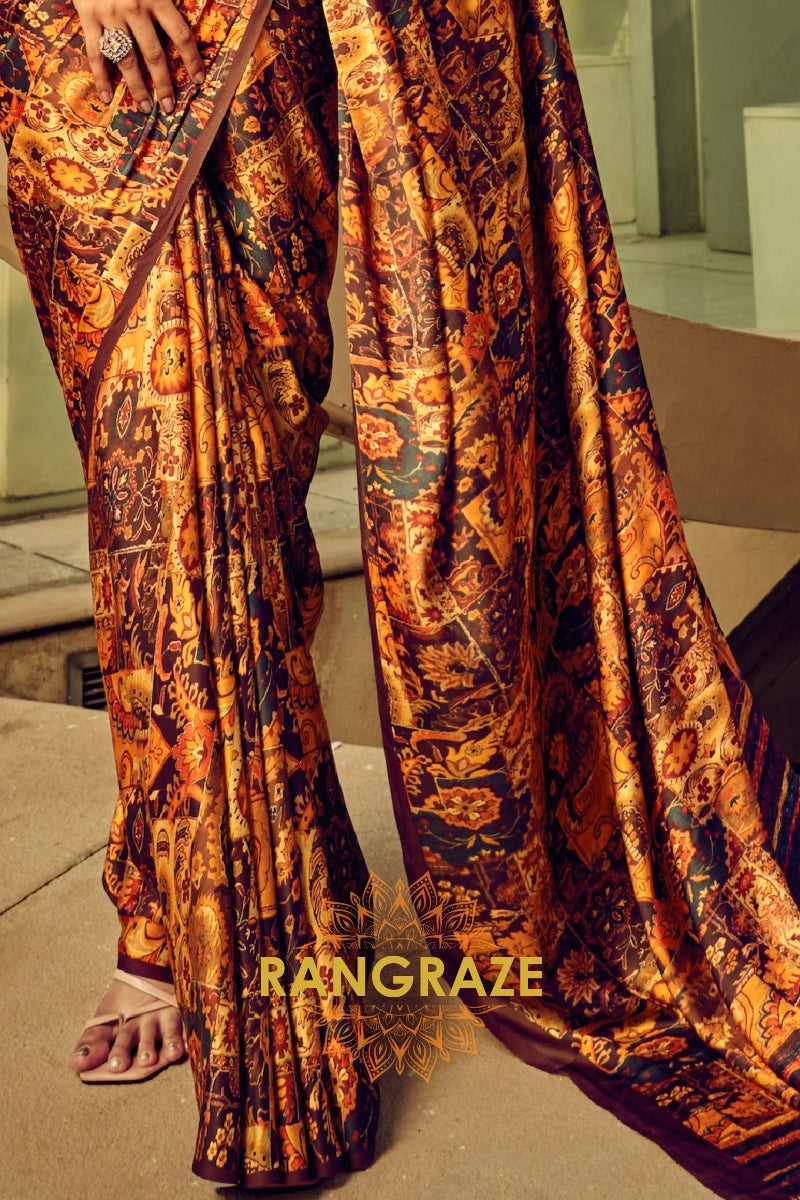 Espresso Brown And Beige Printed Satin Silk Saree