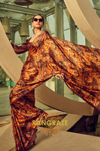 Espresso Brown And Beige Printed Satin Silk Saree
