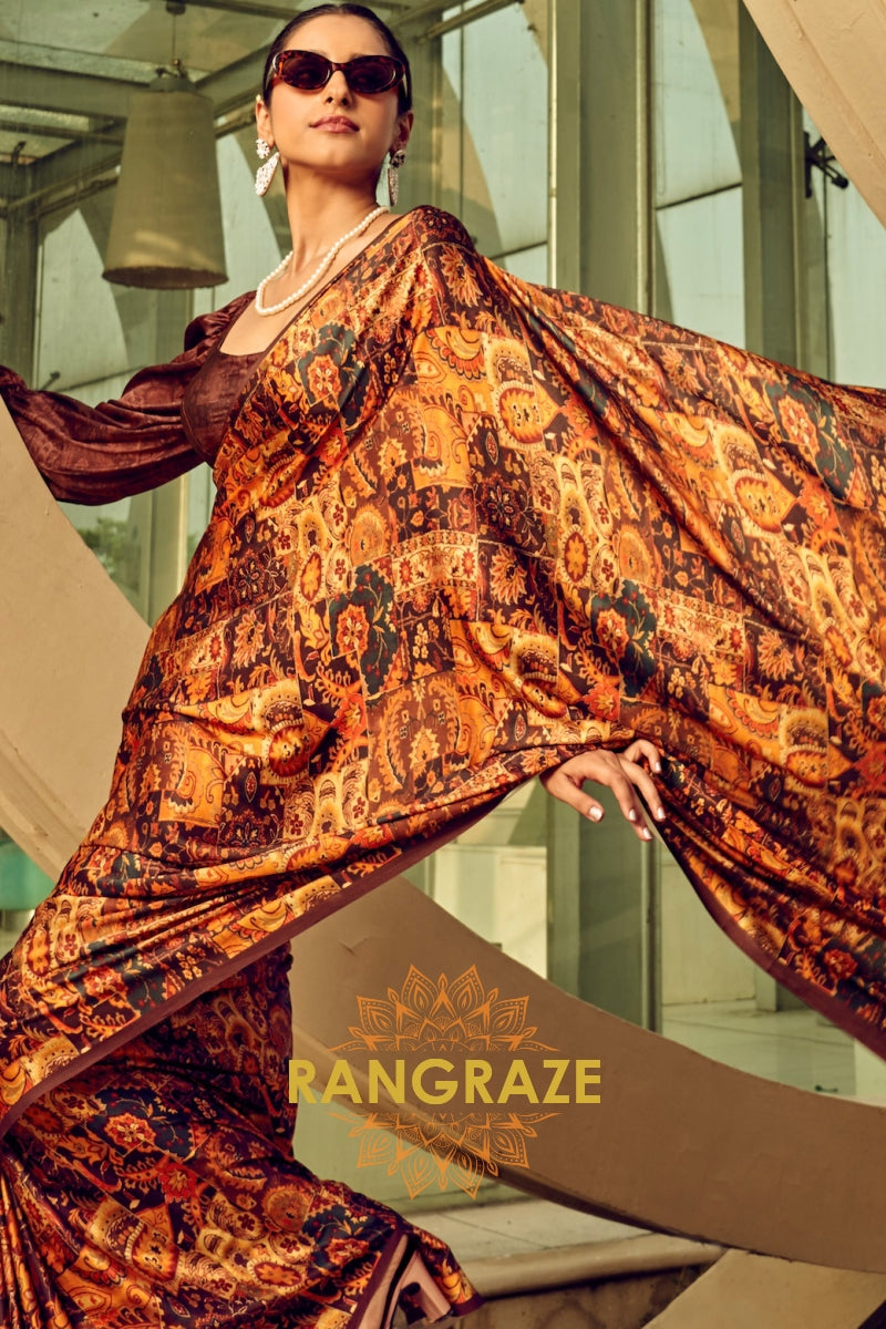 Espresso Brown And Beige Printed Satin Silk Saree