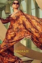 Espresso Brown And Beige Printed Satin Silk Saree