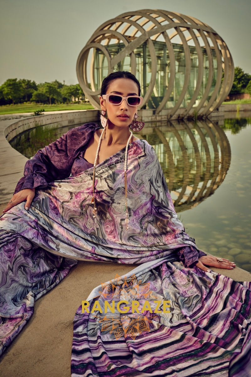 Royal Mirage Purple Printed Satin Silk Saree