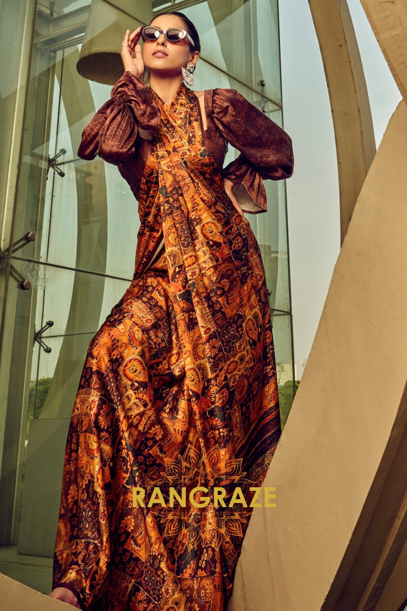 Espresso Brown And Beige Printed Satin Silk Saree
