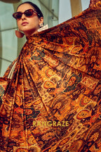 Espresso Brown And Beige Printed Satin Silk Saree