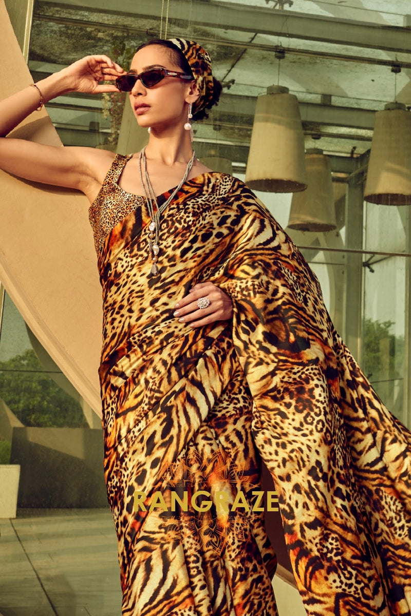 Rich Brown Leopard Printed Satin Silk Saree