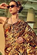 Rich Brown Leopard Printed Satin Silk Saree