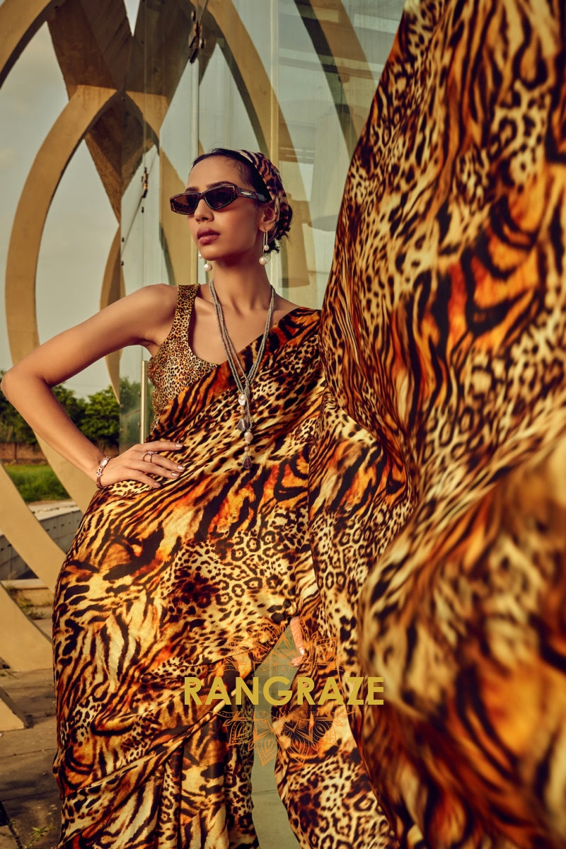 Rich Brown Leopard Printed Satin Silk Saree