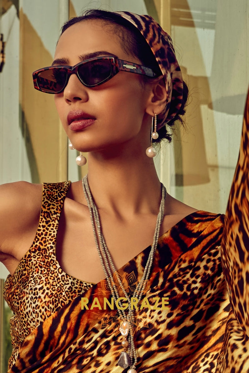 Rich Brown Leopard Printed Satin Silk Saree