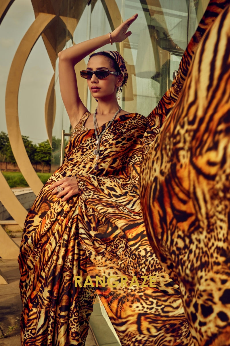 Rich Brown Leopard Printed Satin Silk Saree