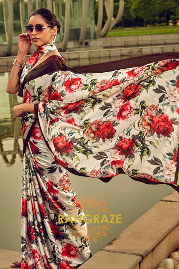 Classy Red And Green Floral Printed Satin Silk Saree