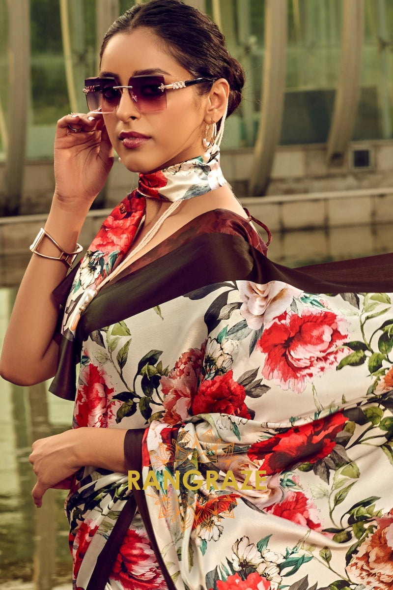 Classy Red And Green Floral Printed Satin Silk Saree