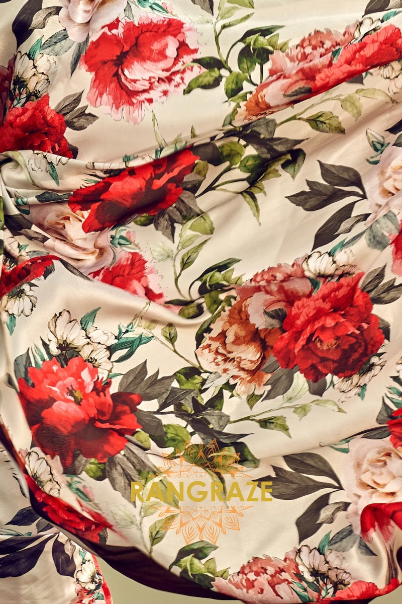 Classy Red And Green Floral Printed Satin Silk Saree