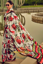 Classy Red And Green Floral Printed Satin Silk Saree