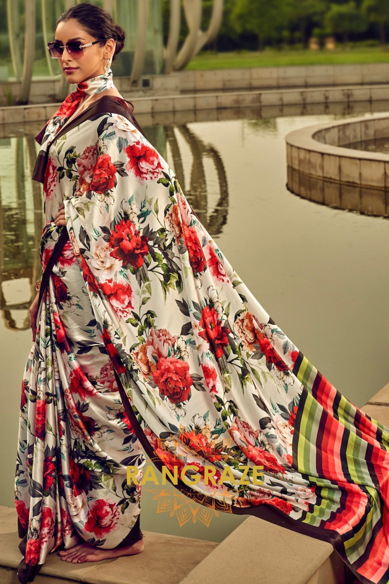 Classy Red And Green Floral Printed Satin Silk Saree