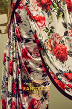Classy Red And Green Floral Printed Satin Silk Saree