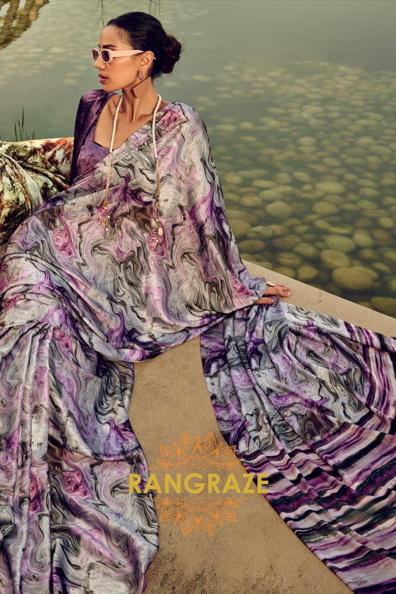 Royal Mirage Purple Printed Satin Silk Saree
