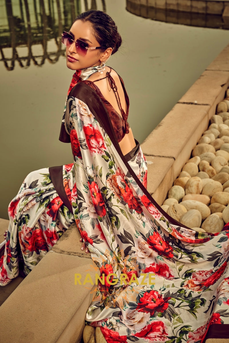 Classy Red And Green Floral Printed Satin Silk Saree